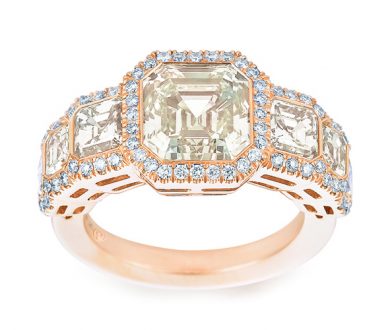 Hints of yellow asscher ring with off-white diamonds