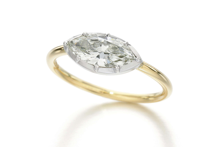 Button back ring with marquise diamond by Jessica McCormack