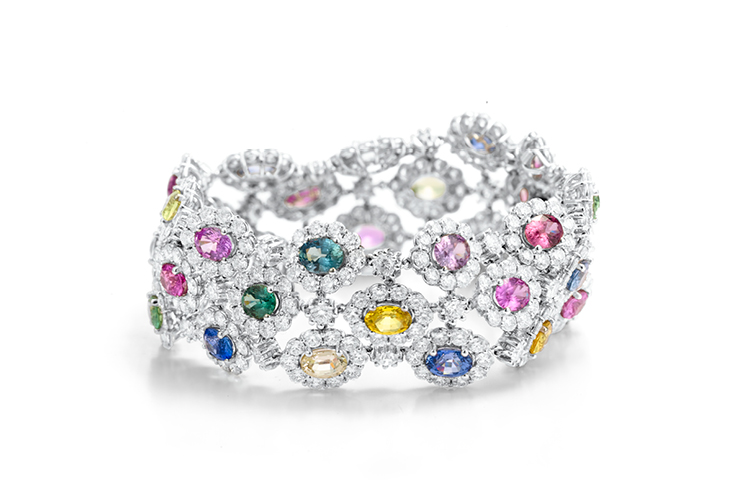 Triple row multi coloured sapphire bracelet