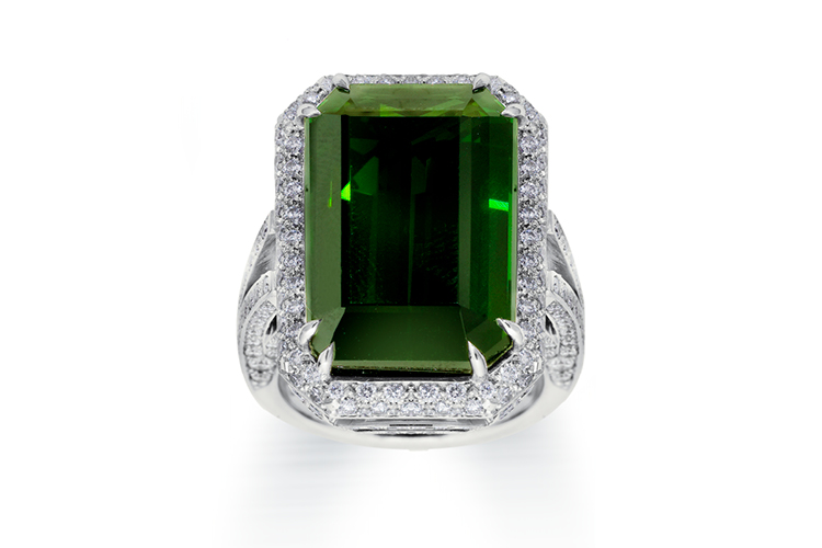 Large green tourmaline and diamond rin