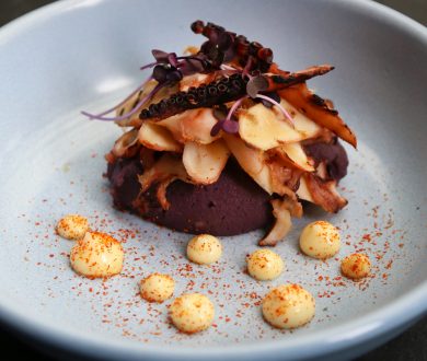 Grilled octopus with yuzu pepper soy, purple potato mash and shichimi pepper
