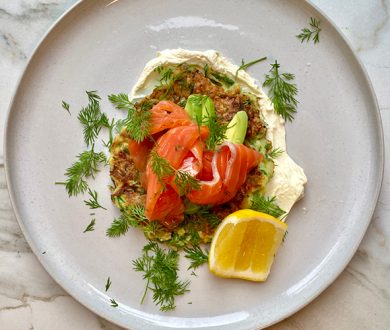 These pea and zucchini fritters topped with salmon are brunch brilliance