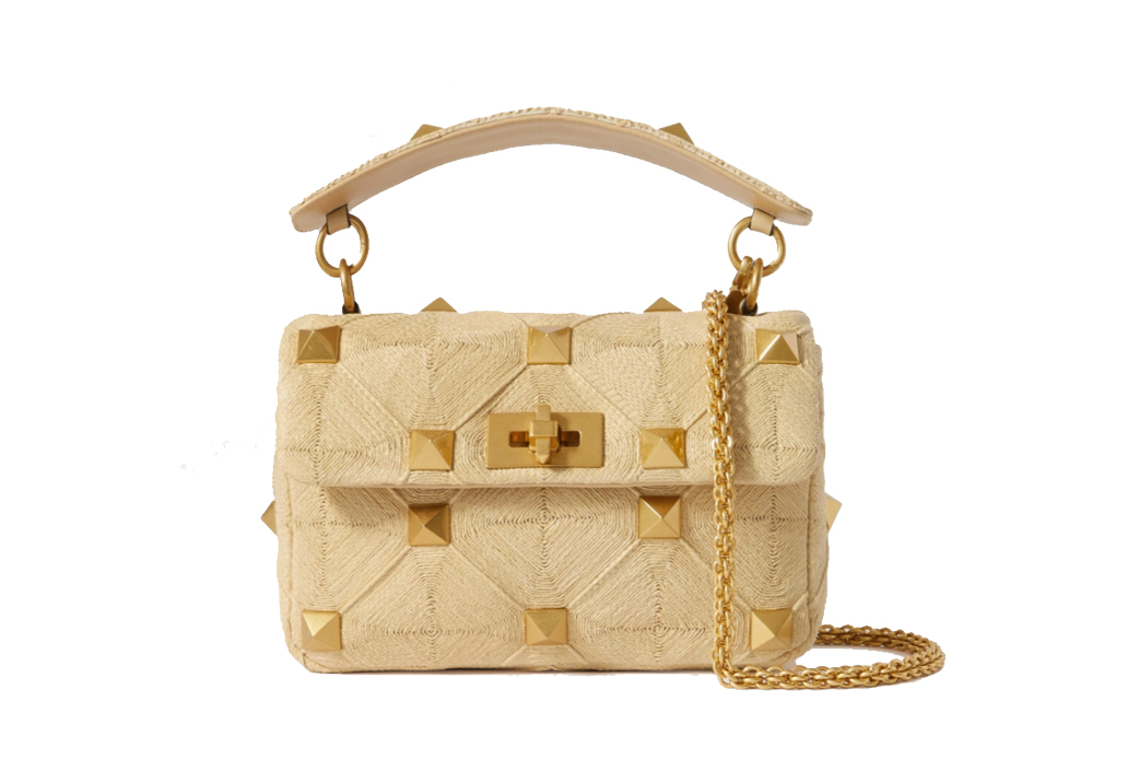 Valentino Roman Stud Raffia Shoulder Bag