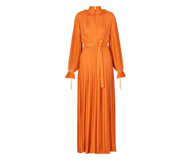 Long Pleated Belted Evening Dress