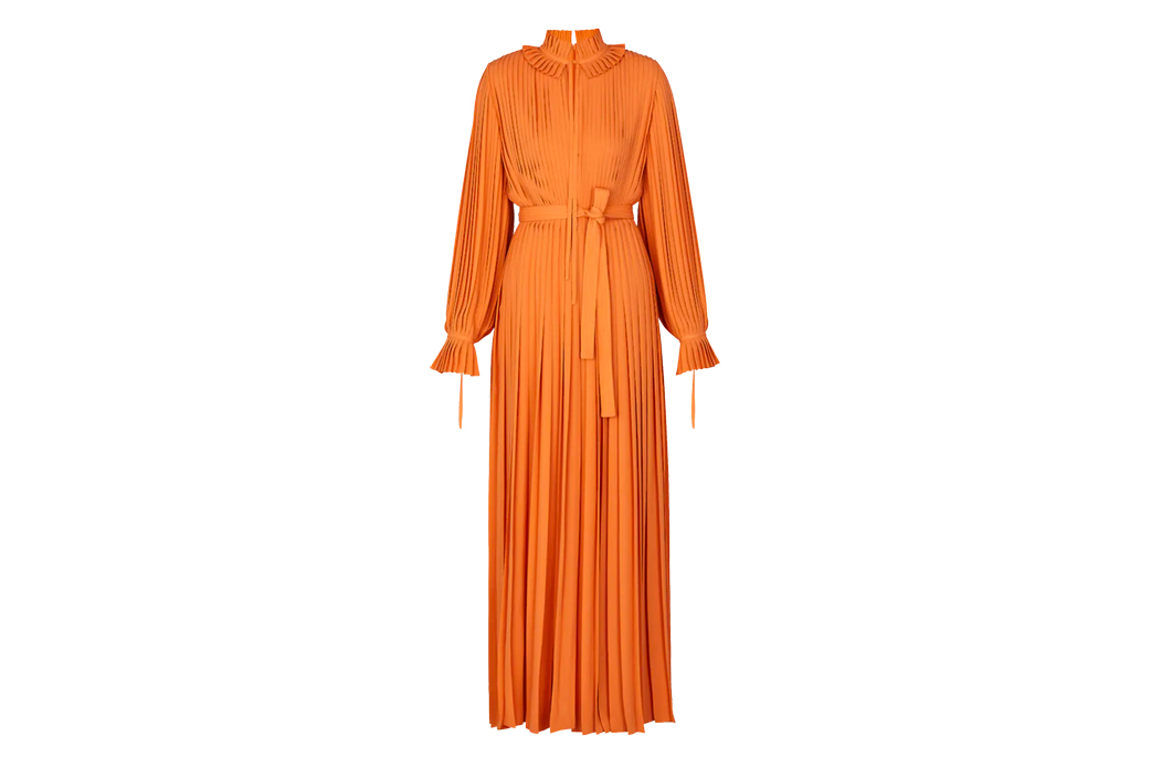 Long Pleated Belted Evening Dress