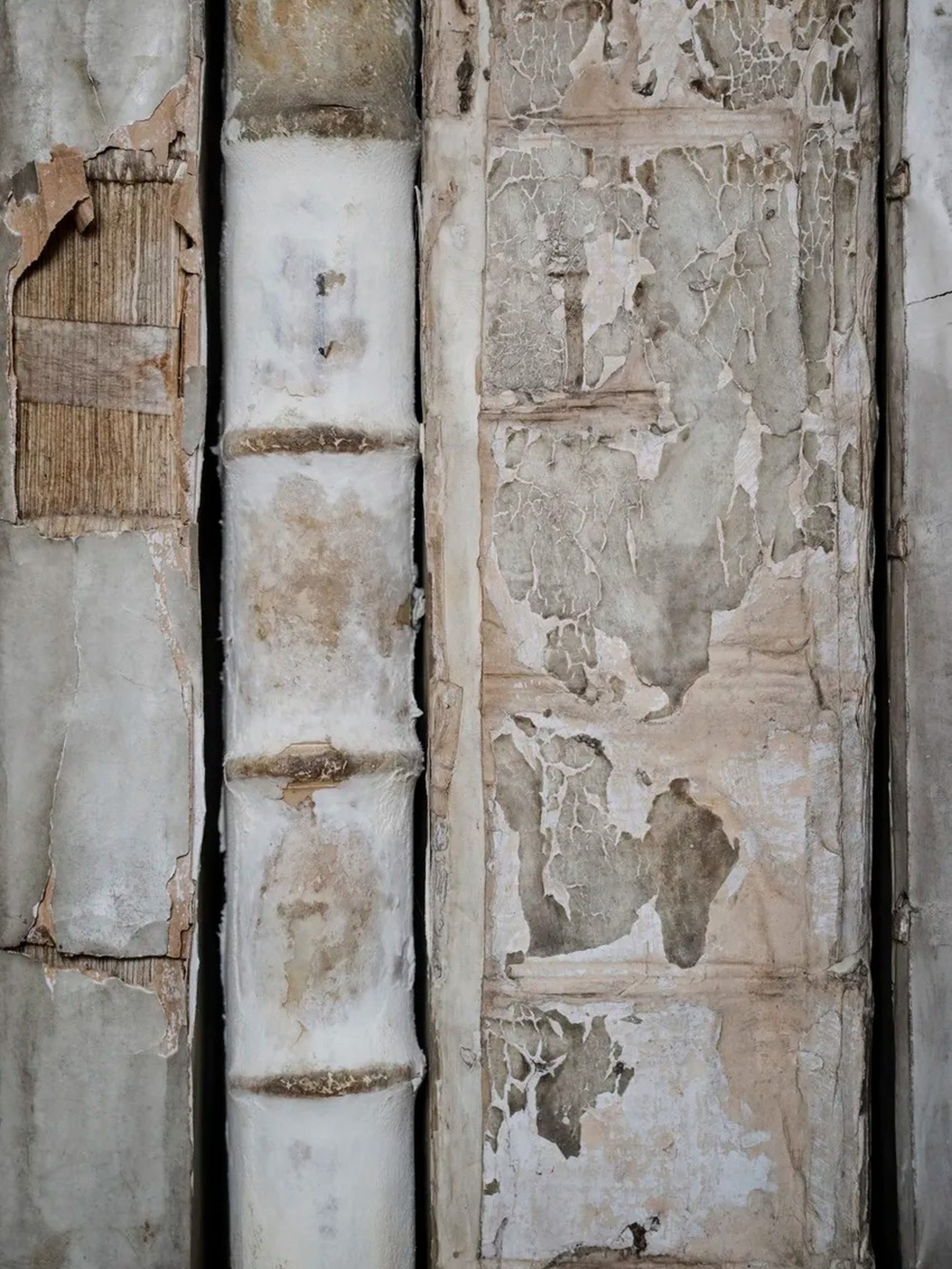 Close-up of peeling paint and crumbling plaster on aged architectural surfaces with weathered timber.