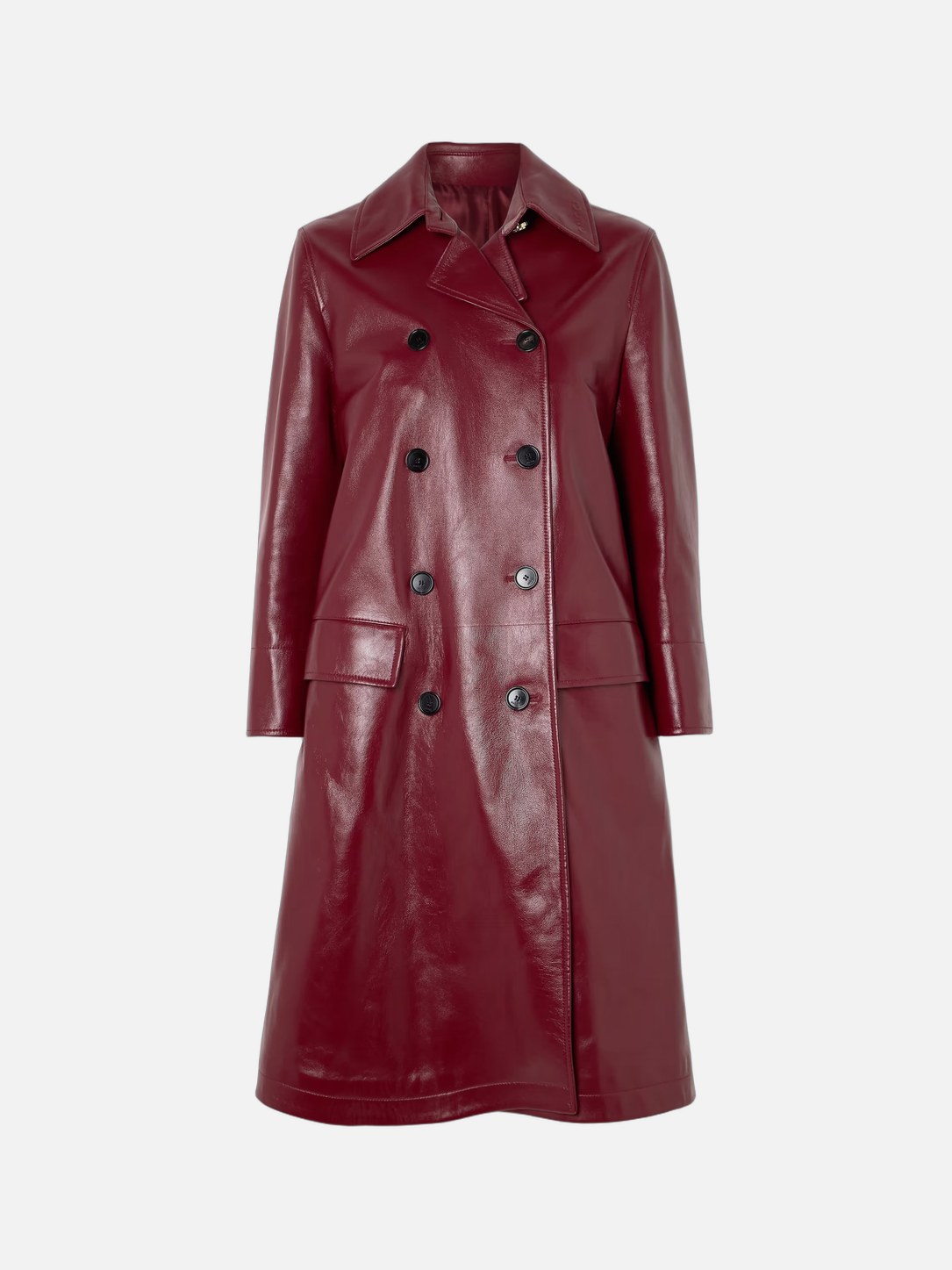 Double Breasted Glossed Leather Trench Coat